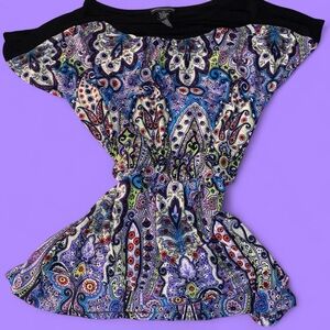 Multi-coloured paisley print blouse with black trim